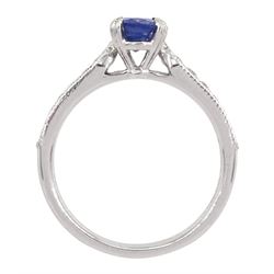 Platinum oval sapphire ring, with milgrain set diamond shoulders, hallmarked, sapphire approx 0.95 carat
