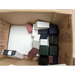 Large collection of jewellery boxes, including velvet, leatherette and cardboard examples, together with three leatherette jewellery displays, in four boxes 