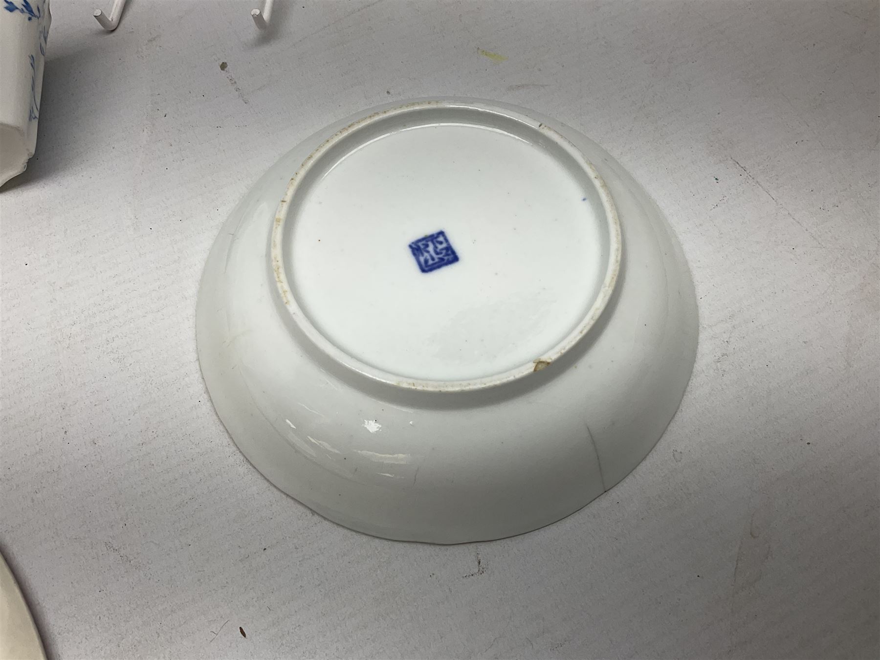 Collection of Victorian and later ceramics to include Gray's Pottery Sunderland lustre York Minister plate, Limoges M. Bishop tea service for one, ornately decorated with gilt foliate sprays on plain white ground, no 2350, Wedgwood no y2715 blue and white sucrier and jug, Chinese blue and white dish with gilt banding,