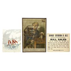 1893 advertising calendar print for Robert Stephenson & Son Golden Ball Brewery Beverley depicting a jovial man smoking a clay pipe and seated at a pub table with a foaming tankard and jar of tobacco 71 x 49cm; later oak finish frame; and unframed 1977 Driffield Cattle Market Co. Ltd. poster relating to Bull Sales (2)