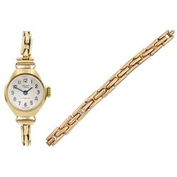 Majex gold ladies manual wind wristwatch, on gold expanding strap and one other rose gold expanding strap, all 9ct