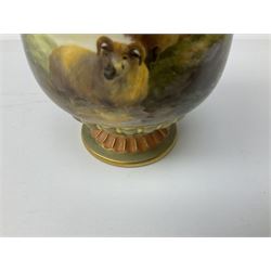 Early 20th century Royal Worcester vase decorated by Harry Davis, of ovoid form with twin acanthus mounted handles and waisted high neck supporting a domed cover, upon a circular foot, the body hand painted with sheep in a highland landscape, signed H Davis, with puce printed marks beneath including shape number 2425, and date code for 1907, H27.5cm
