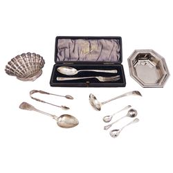 Group of silver, comprising octagonal bon bon dish, clam shell dish and silver cutlery including cased fork and spoon set, all stamped or hallmarked 