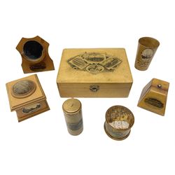 Collection of Mauchlin Ware to include watch holder decorated with a scene of the Royal Hotel Hayling, casket shaped box with a scene of Weymouth, box with Lowestoft scenes, two other examples and two more similar