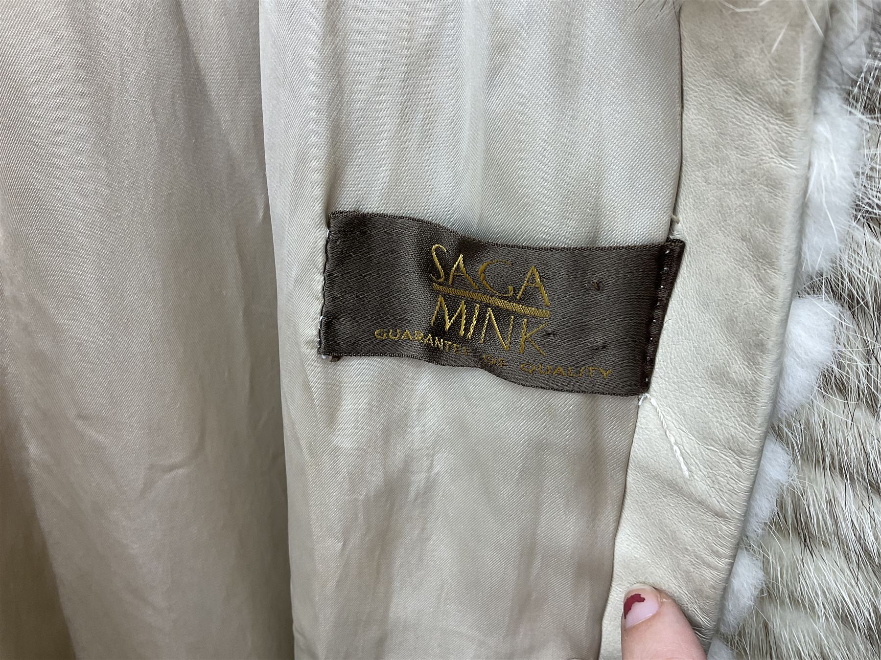 Saga mink full length fur coat, with chevron patterning to sleeves and body, with label to lined interior, approx size 12