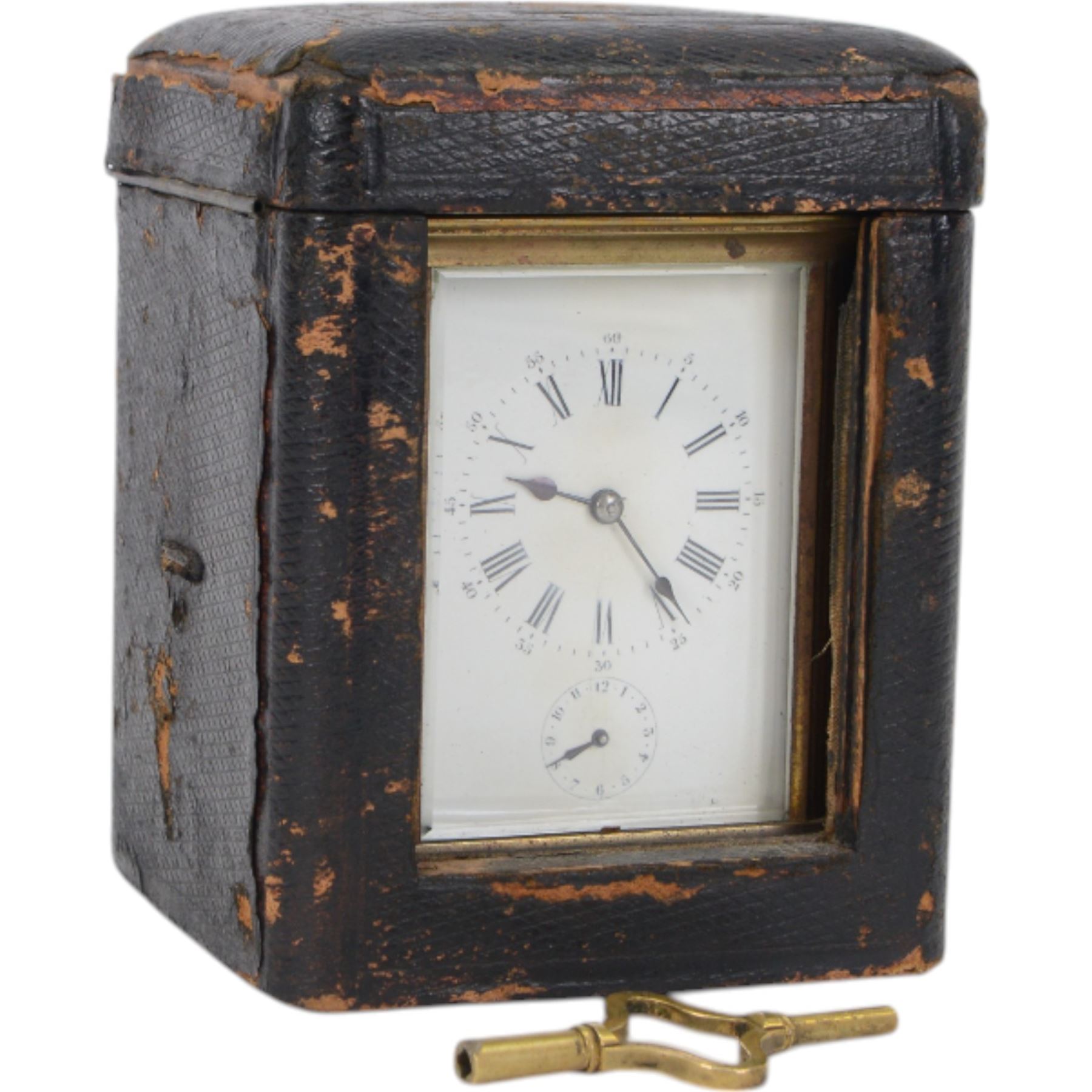 French-19th century 8-day carriage clock in a corniche case, two train striking movement with repeat work and alarm, enamel dial with Roman numerals and five minute Arabic’s, spade hands and alarm setting dial, movement with a lever platform escapement sounding the hours and alarm on a gong. With original case and key.