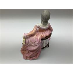 A group of eight Royal Doulton figures, comprising Simone HN2378, Amy HN3854, Fragrance HN2334, Louise HN3207, Adrienne H2304, Michele HN2234, Fine Lady HN2193, Winsome HN2220 and a Coalport figure, Polly. 
