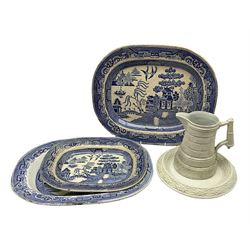 Three Victorian blue and white meat platters, together with a Victorian jug, the body of tapering form with moulded brick effect decoration with Victorian registration lozenge beneath, and a Victorian pottery stand