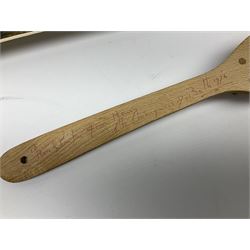 Early 1970s sepia photograph of the Pools Panel meeting at The Waldorf Hotel, London including Raich Carter, Marquis of Bath, Arthur Ellis, Neil Franklin etc 19 x 25cm; together with a beech spaghetti server with manuscript presentation inscription 'To Raich Carter from Henry 6th Marquis of Bath 1974'; Provenance: By direct descent from the family of Raich Carter having been consigned by his daughter Jane Carter (2)