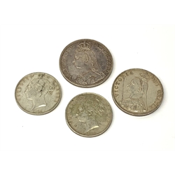 Queen Victoria 1890 crown, 1890 double florin and two half crown coins dated 1883 and 1885
