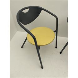 Grey painted metal and pale yellow painted wood bistro set, table with under tier, small side table, armchair 