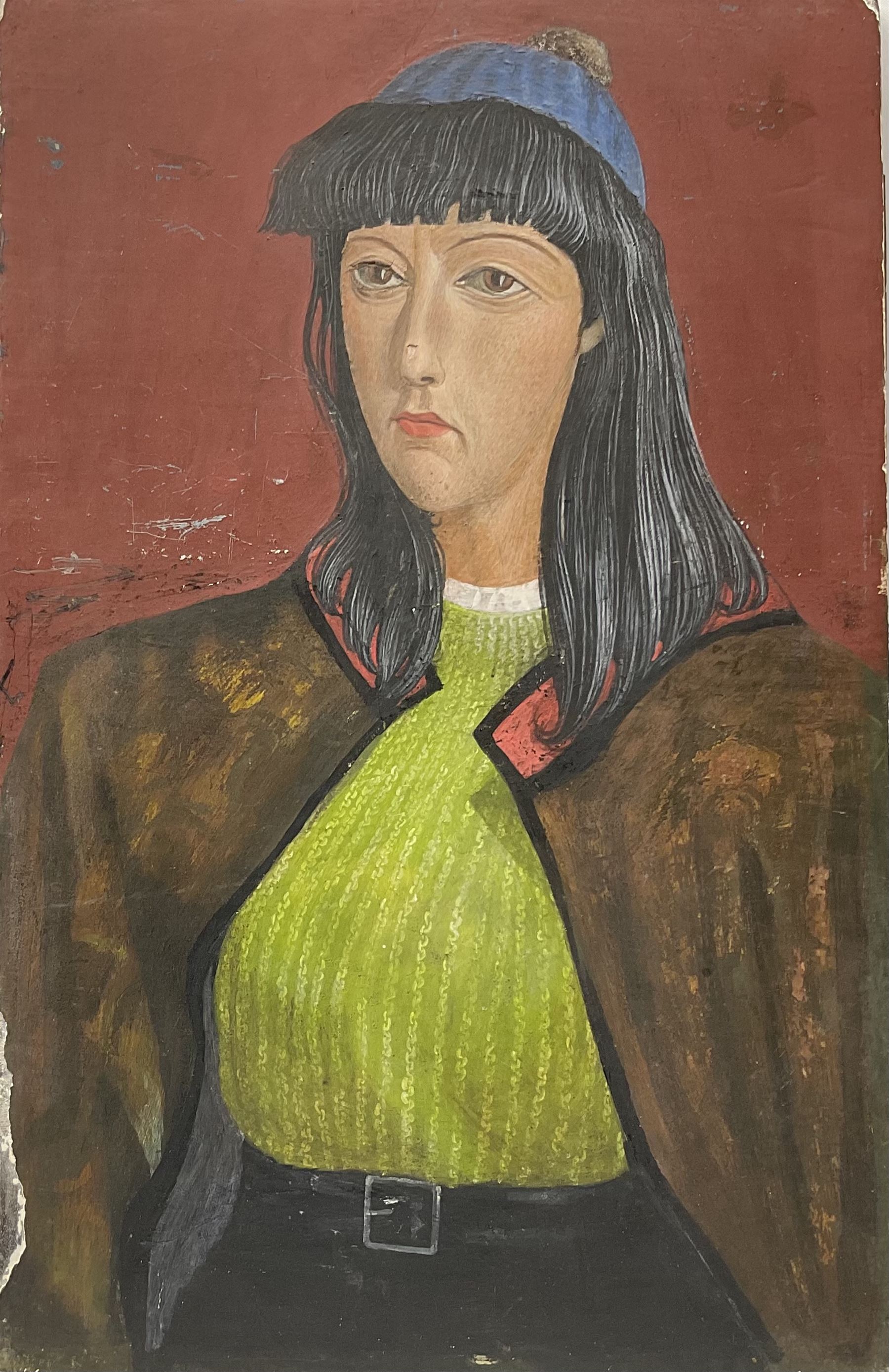 Circle of John Minton (British 1917-1957): Woman with Long Hair and Blue Hat, tempera over gesso on wooden panel unsigned 54cm x 36cm (unframed)