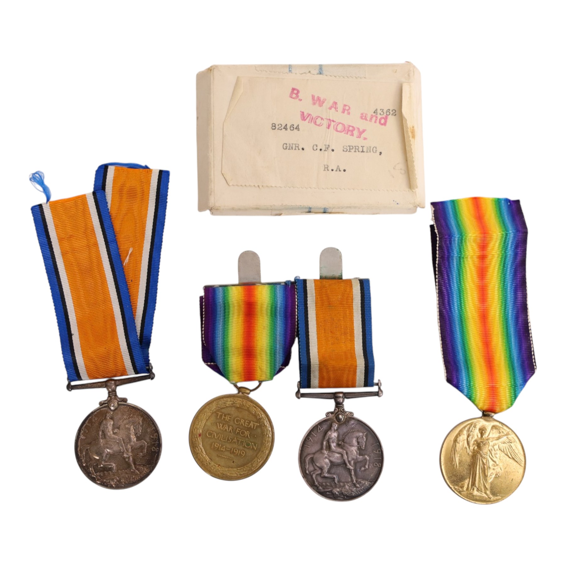 WWII British medal pair, War medal and Victory medal, awarded to 159151GNR.P.L. Jewsbury R.A, and WWII British medal pair, War medal and Victory medal, awarded to82464 GNR.C.F Spring R.A