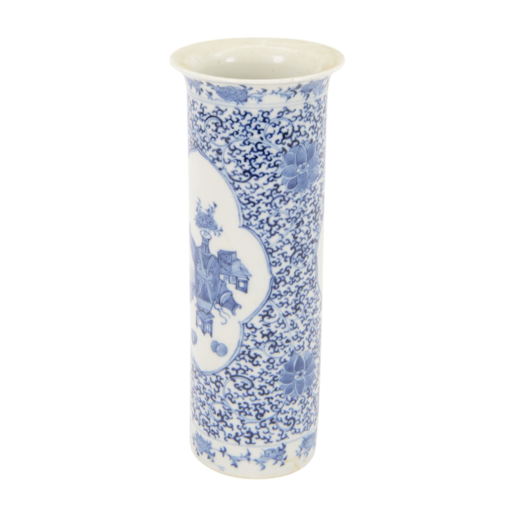 Chinese blue and white cylinder vase, the central panel decorated with vases and domestic objects, with a scrolling floral design, with character marks beneath, H30cm