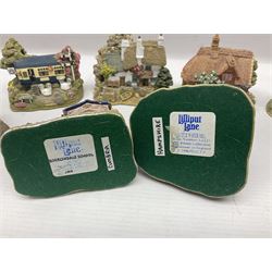 Eighteen Lilliput Lanes, including The Penny Farthing, The Pigsty, Borrowdale School, Fairy Cake Tearoom, An Apple a Day,Ladybird Cottage etc, all with original boxes 