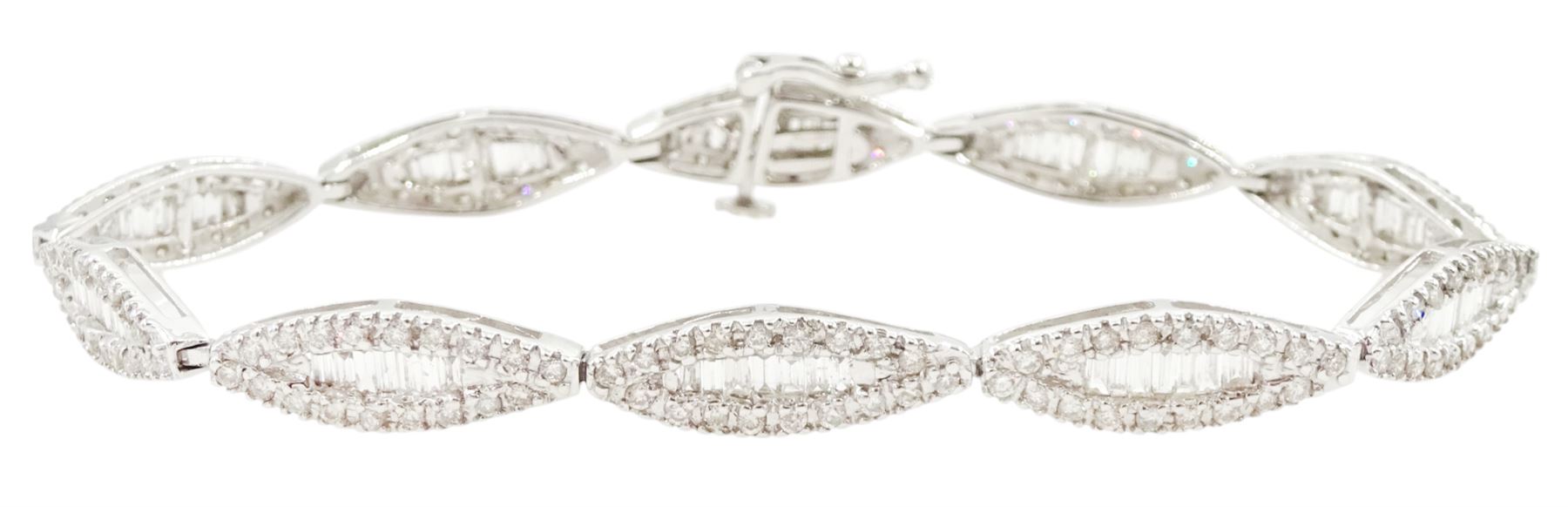 18ct white gold round brilliant cut and baguette cut diamond, marquise shaped link bracelet, hallmarked, total diamond weight approx 3.00 carat