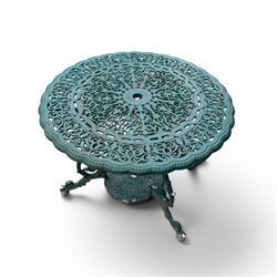 Victorian style cast aluminium garden table and four armchairs chairs in a weathered green finish