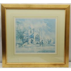 Daniel King (British c.1616-1661): Beverley Minster, 17th/18th century engraving 21cm x 31cm; Tom Harland (British 1945-2012): 'Winter Sunrise North Ferriby' and 'April Showers St Mary's Beverley', two colour prints signed in pencil, max 38cm x 45cm (3)