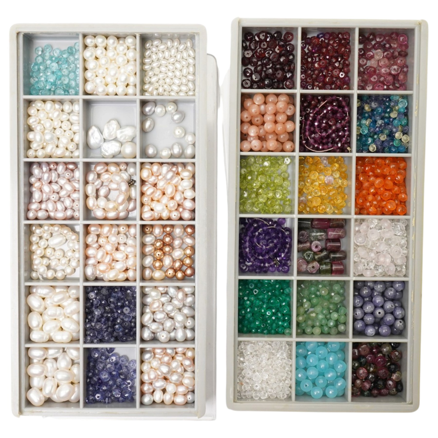 Collection of various beads, including turquoise, citrine, amethyst, garnet, iolite, ruby, onyx, hematite, rose quartz, smokey quartz, white quartz, lapis, amber, peridot, tourmaline, etc