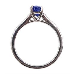 Platinum oval sapphire ring, with diamond set shoulders, hallmarked, sapphire approx 1.30 carat