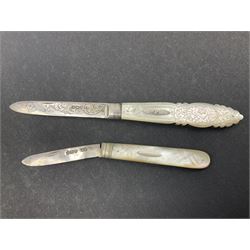 Two silver fruit knives with mother of pearl handles, hallmarked, mother of pearl tokens and similar items 