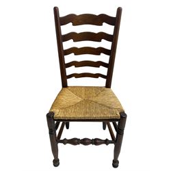 Set eight (6+2) oak dining chairs, high waived ladder back over rush seats, raised on ring turned supports with pad front feet, united by stretchers