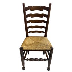 Set eight (6+2) oak dining chairs, high waived ladder back over rush seats, raised on ring turned supports with pad front feet, united by stretchers