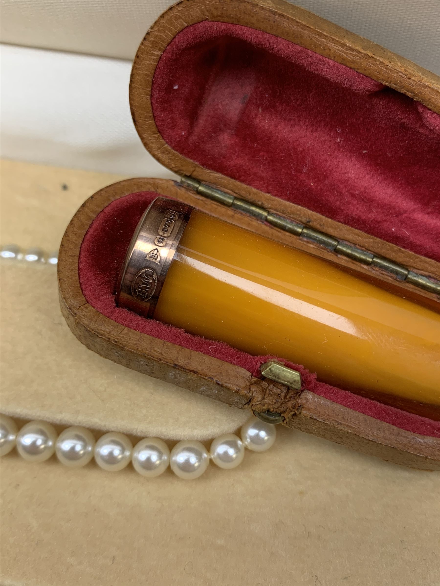 Cased 9ct gold mounted cheroot holder hallmarked, two silver 'For God and the Empire' award brooches, hallmarked, other silver jewellery stamped, Seiko ladies wristwatch and collection of watches, coins and costume jewellery