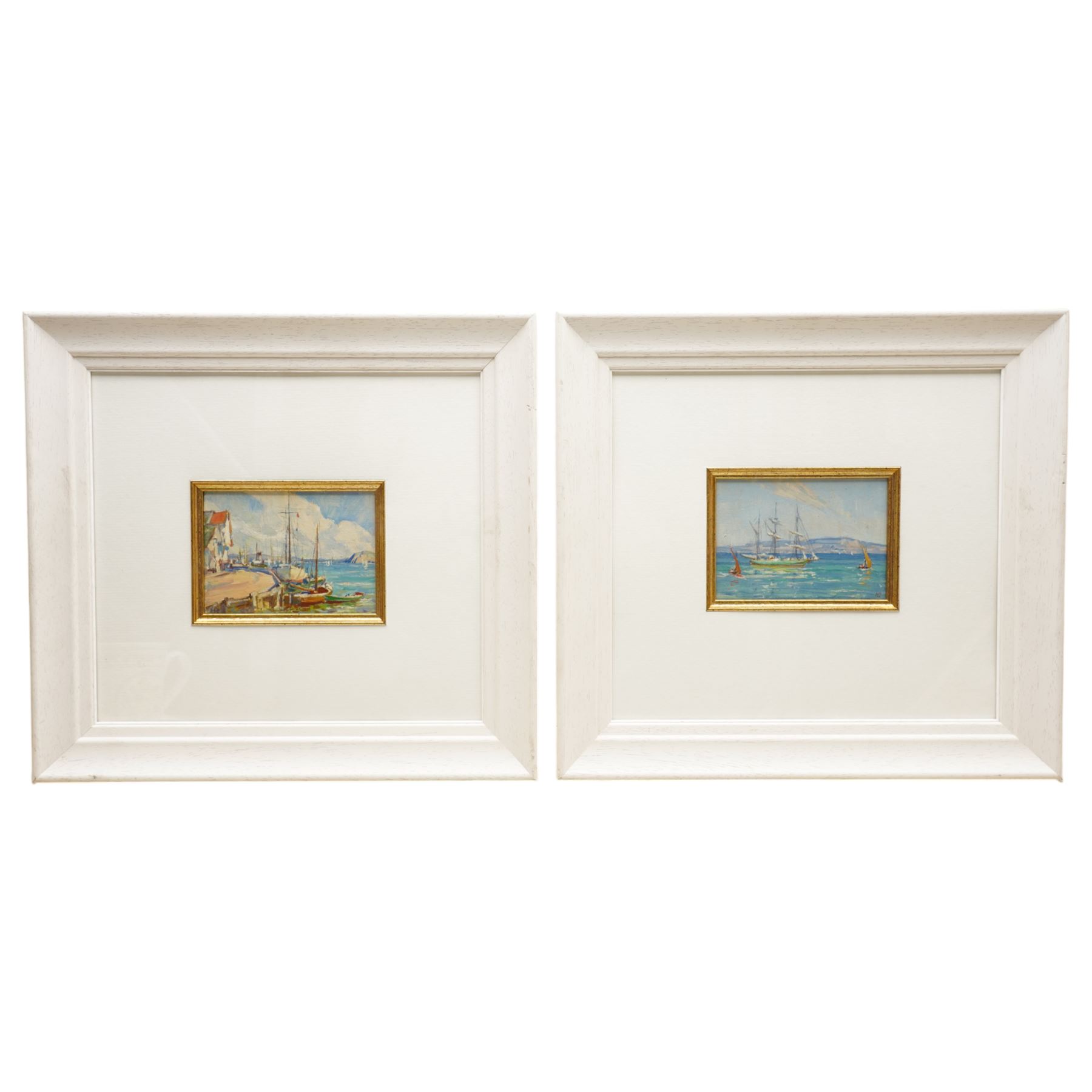 Howard Barron (British/Australian 1900-1991): Mediterranean Harbour and Sailing Boat at Sea, pair oils on board signed with initials 10cm x 14cm (2)