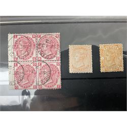 Queen Victoria and later Great British stamps, including five shillings, three pence block of four, block of twenty King George VI used ten shillings dark blue etc