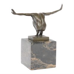 After Miguel Fernando Lopez Power of Silence, modelled as a athlete crouched with arms outstretched, signed Milo, upon a marble plinth, H15cm