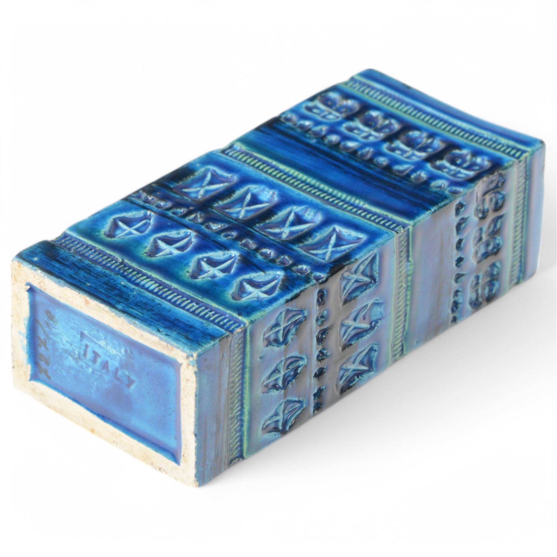 Bitossi pottery Rimini Blu vase, 1970s, designed by Aldo Londi, of rectangular form, with impressed details, with painted marks beneath, H18cm