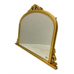 Arch top over-mantle mirror, bevelled plate, carved pediment and side detail