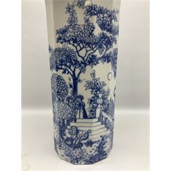 Rosenthal Germany Studio-Linie floor vase of canted cylindrical form with flared rim, decorated in blue with figures in a garden scene on white ground, designed by  Bjorn Wiinblad, with printed mark beneath, H55cm