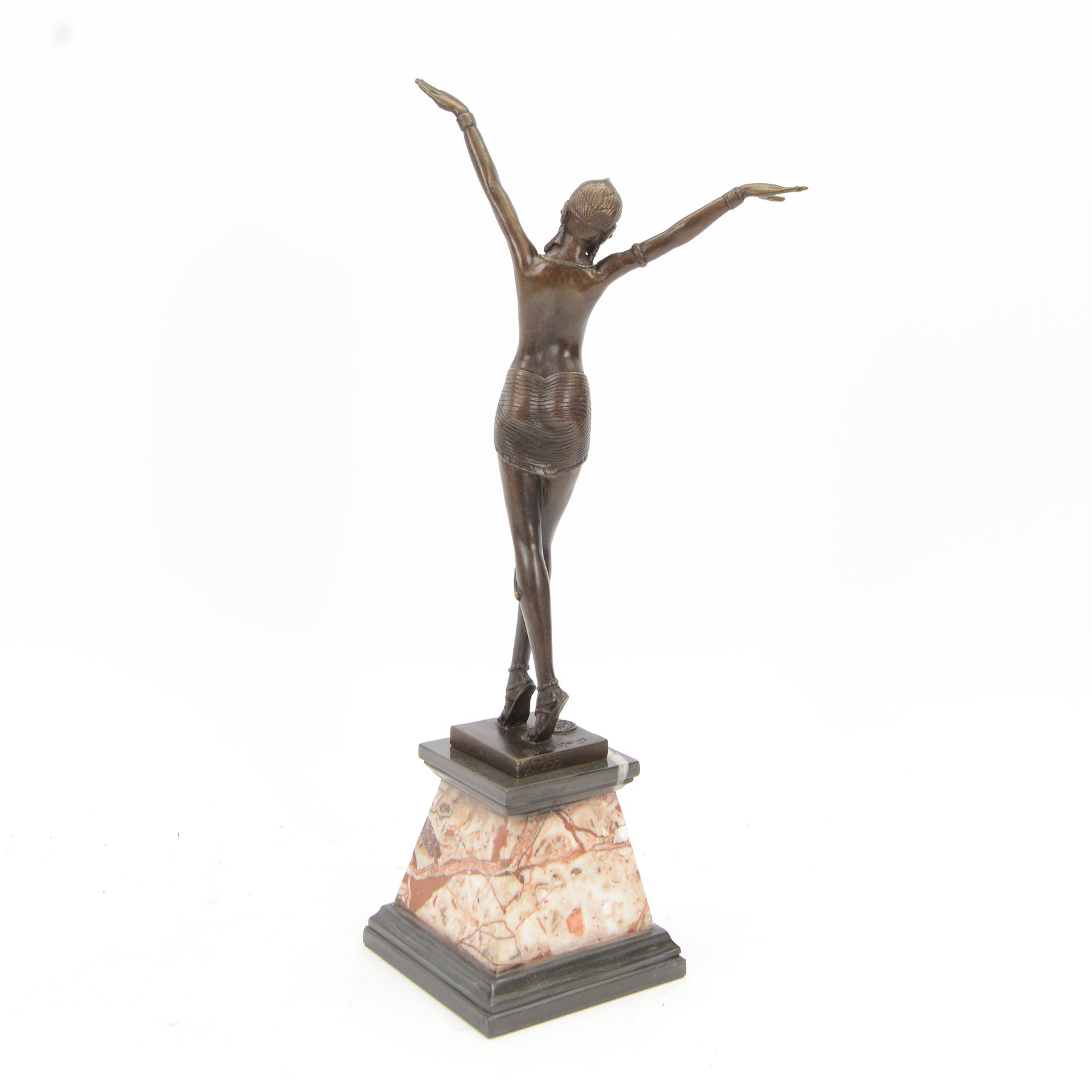 After Demétre Haralamb Chiparus (Romanian 1886-1947): Art Deco style bronze figure modelled as a dancer with raised arms, signed to the stepped bronze base and also bearing foundry stamp, upon a tapering marble plinth, overall H55cm
