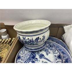 Set of metal weighing scales, pair of Chinese style ceramic table lamps, blue and white ceramics, oriental ceramics and a collection of other glassware, metal ware and collectables, in five boxes 