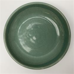 Agnete Hoy (1914-2000): Bullers studio pottery celadon glazed bowl, the interior with incised decoration depicting a Mermaid, D28.5cm