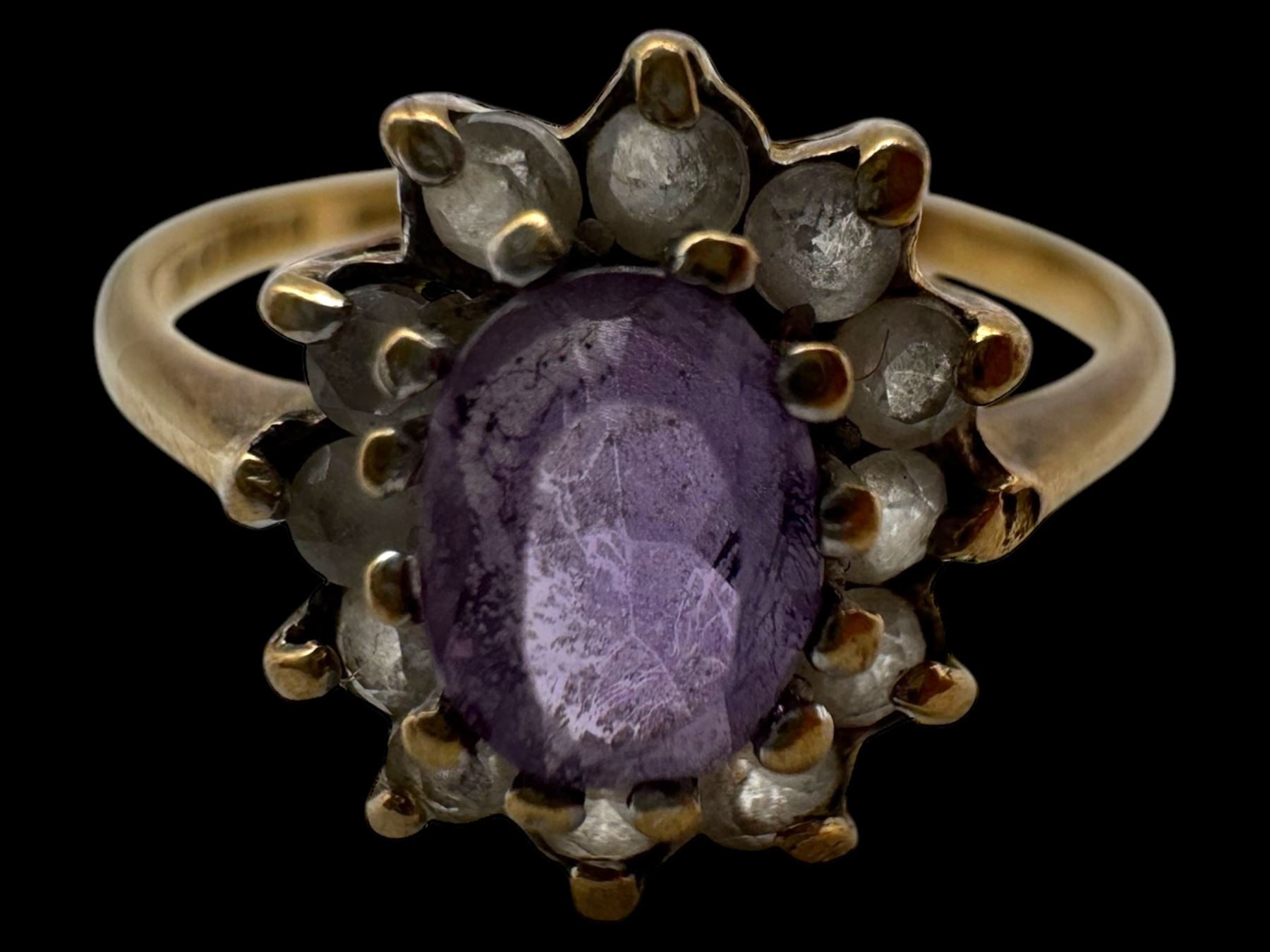 Two gold paste stone set full eternity rings and two gold cluster rings, all 9ct