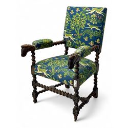 19th century Carolean design oak armchair, upholstered in a vibrant fabric depicting woodland and wildlife scenes, carved lion mask arm terminals, raised on barley twist supports united by H-stretcher