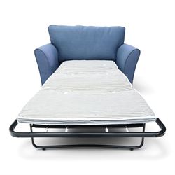 Contemporary blue small sofa bed, shaped arms with loose seat cushions, stowed bed beneath, raised on light wood feet