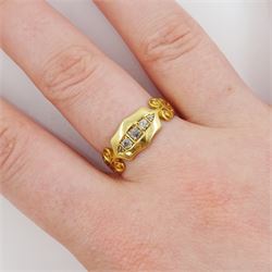 Edwardian 18ct gold, five stone old cut diamond ring, with scroll design shoulders, Birmingham 1904