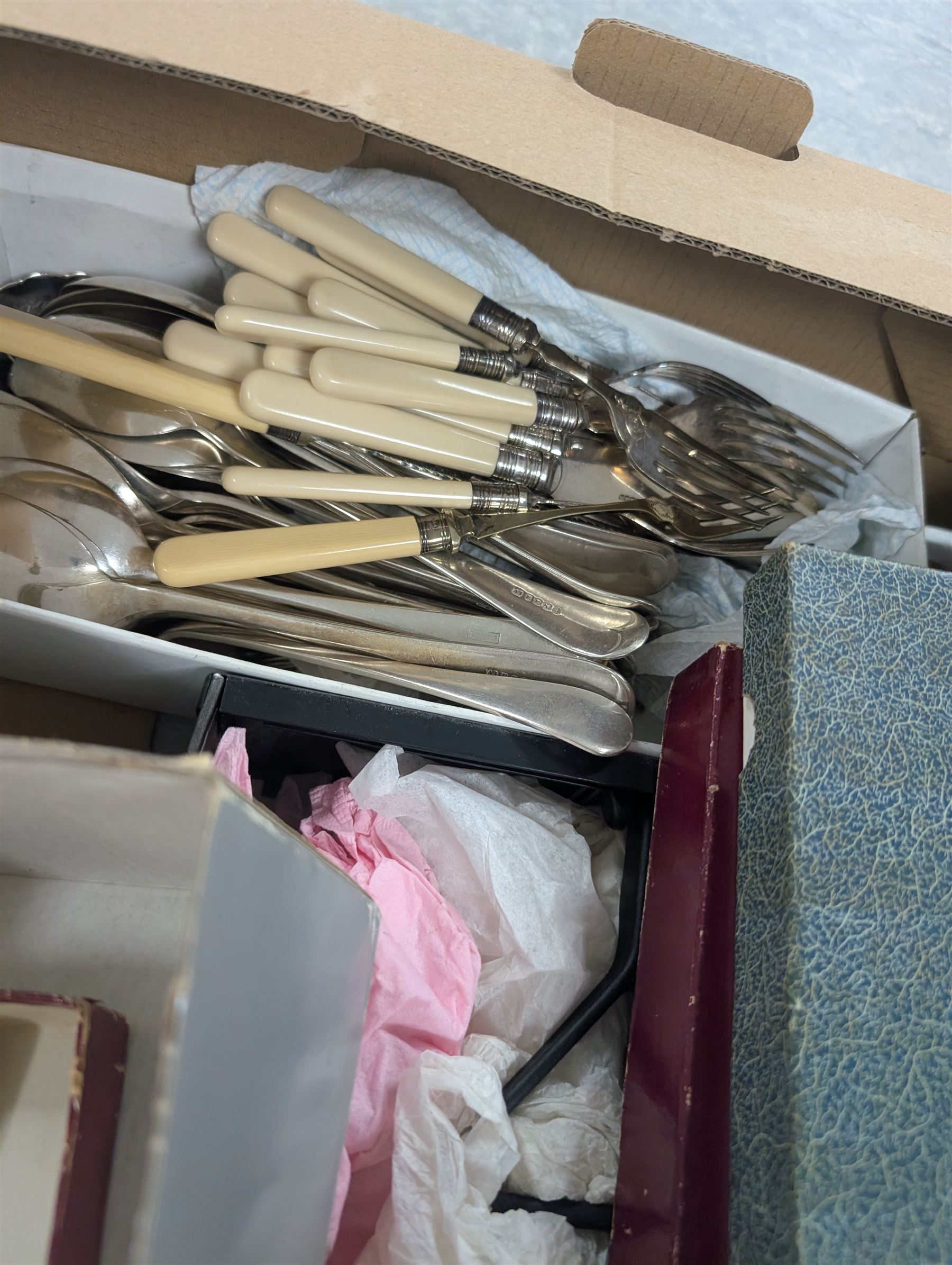 Collection of EPNS cutlery, including soup spoons, fish servers, butter knives, forks etc