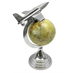 Art Deco style world globe with chrome aeroplane finial and mounts, H31cm