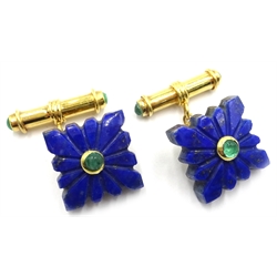  Pair of silver-gilt lapis lazuli and emerald cufflinks, stamped 925  