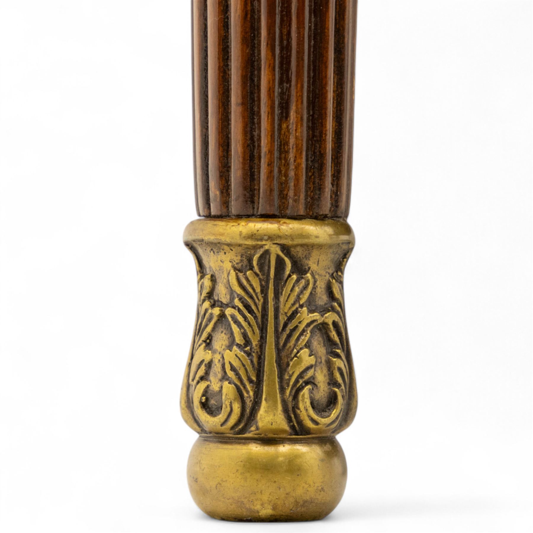 Maitland Smith - Pair of mahogany side tables, the rectangular top with rounded corners, the top edge inlaid with movingui wood, above two under-tier shelves, and frieze drawer, supported on stop-reed and acanthus foliate carved legs united by platform stretcher, raised on brass sabot foot caps