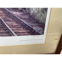 After Peter Owen Jones (British 20th century), 'Scots Guardsman'; limited edition colour print signed in pencil, together with three colour prints of early 20th century steam trains (4)