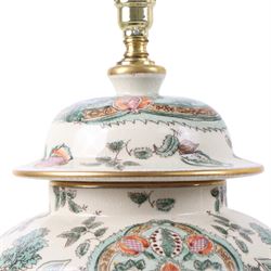 Pair of table lamps, decorated with foliate patterns upon a cream ground, H48cm
