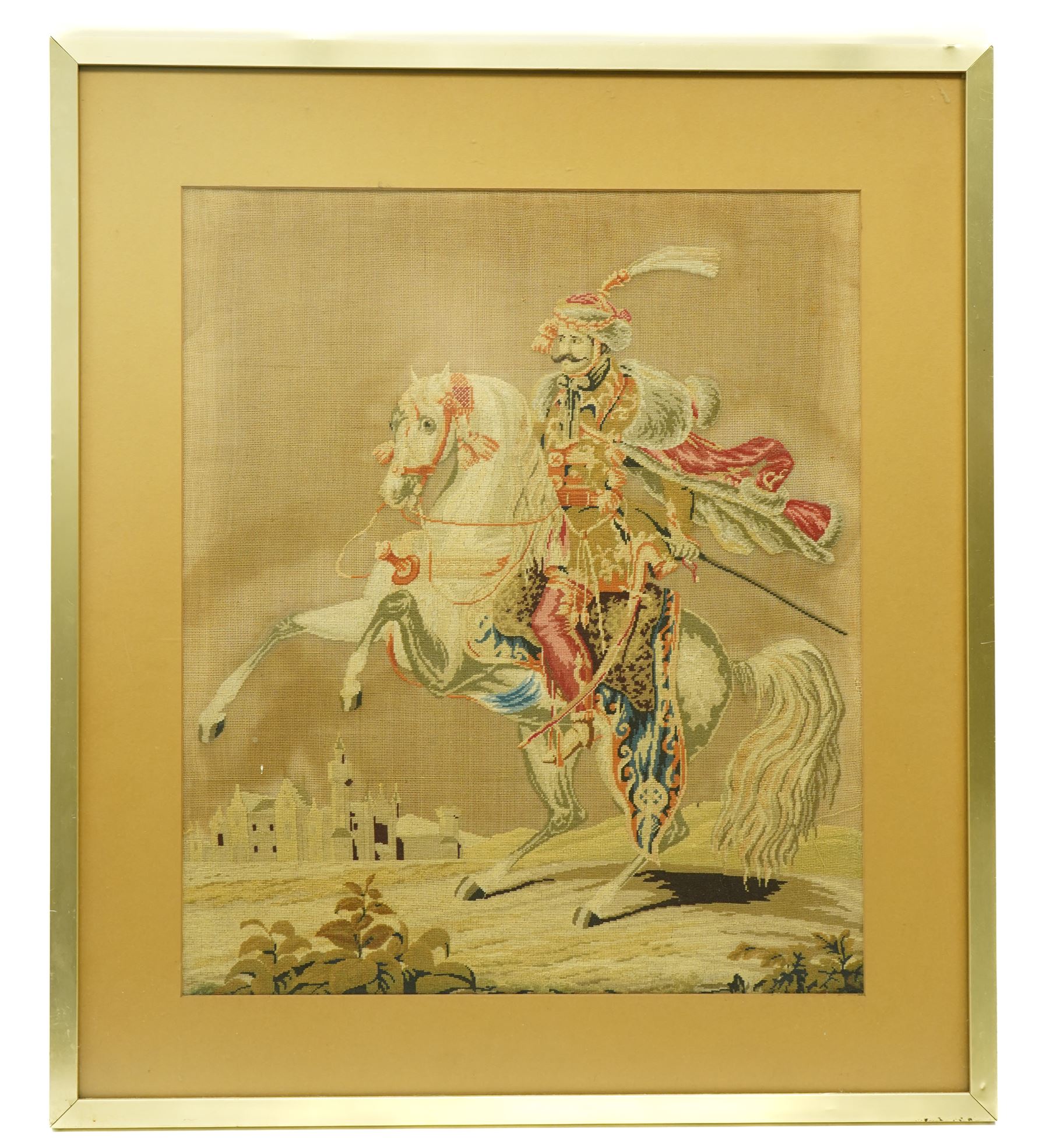 19th century petit point needlework panel of a Napoleonic cavalry officer 60cm x 51cm , framed