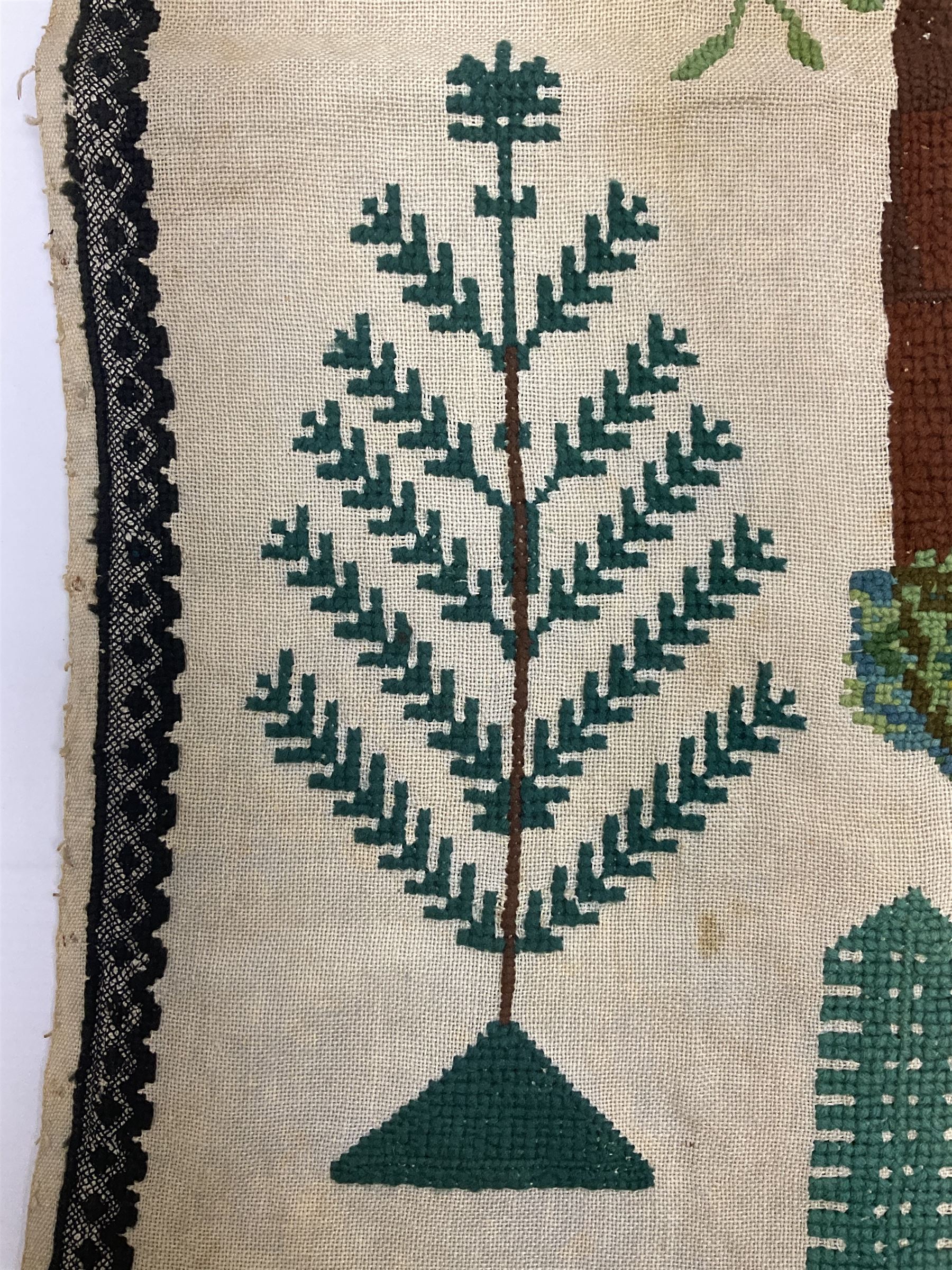 Victorian needlework  picture and verse sampler, 'In memory of Joshua Thomas who died Sep 22nd 1871 age 45', worked by Rebecca Emmott 1872 age 21, H66cm, W61cm 