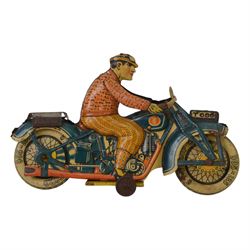 Tipp & Co tinplate clockwork motorcycle no. T686, the motorbike in dark blue with Dunlop cord wheels in cream, the civilian rider in orange clothing, H12.5cm ,W19cm